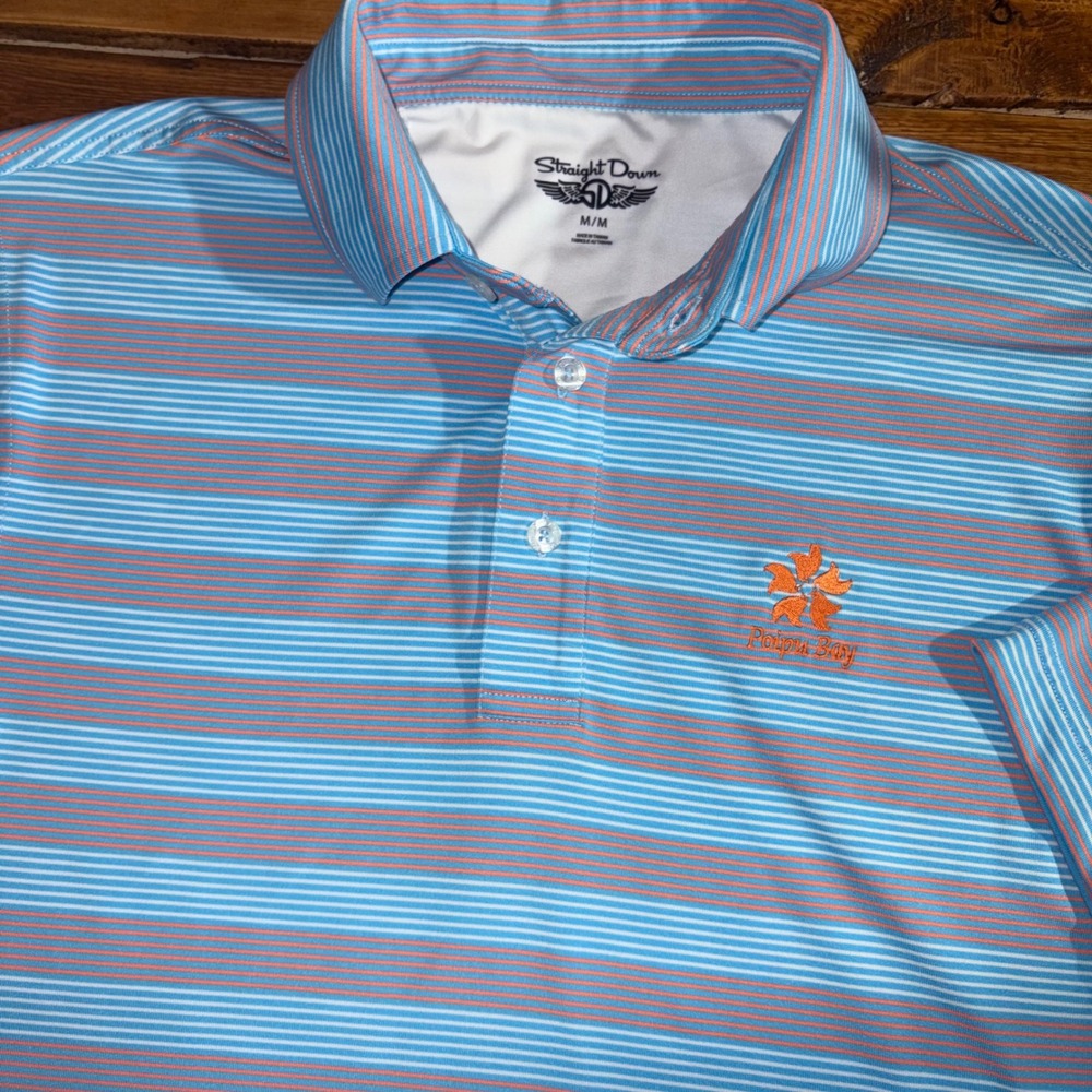 Straight Down Polo Shirt Mens Medium Blue Orange Striped Poipu Bay Golf Tee
